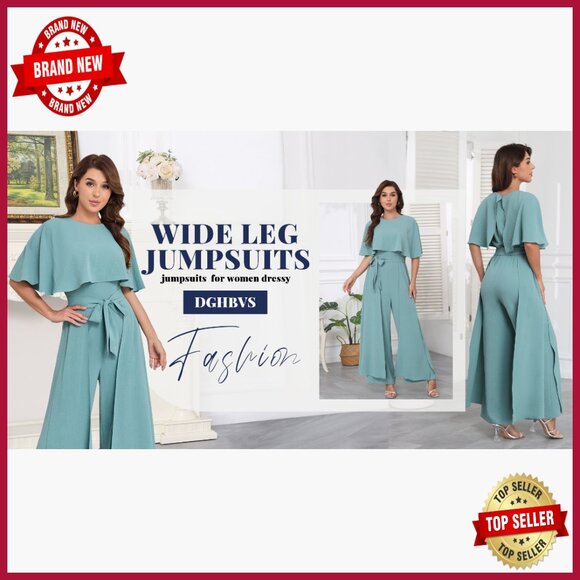 Formal Jumpsuit Cape Sleeve Wide Leg Belted Maxi One-Piece Evening Wear - Picture 7 of 7